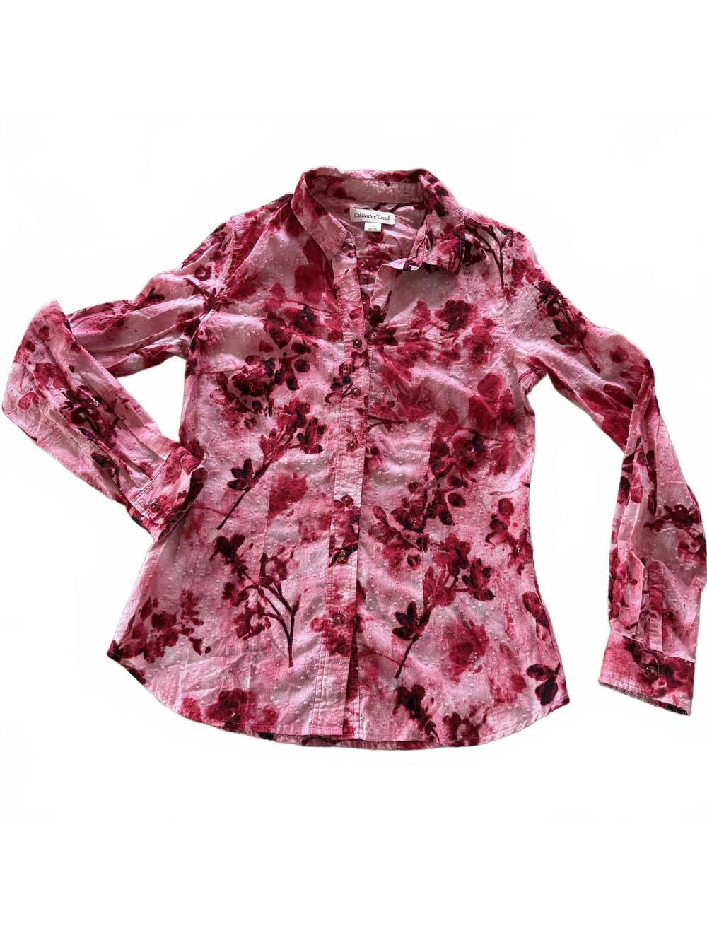 COLDWATER CREEK women's pink floral swiss dot buttondown shirt SZ XS 100% Cotton